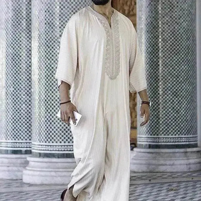 Fashionable and Elegant Ethnic Style Loose Casual Embroidery White Arab Robe Moroccan Men's Jalabiya - EX-STOCK Canada
