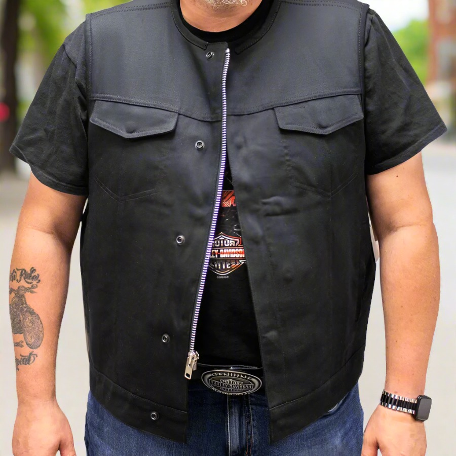 Chaleco de mezclilla para hombre de motociclista de First MFG Co.EX-STOCK Canada 
