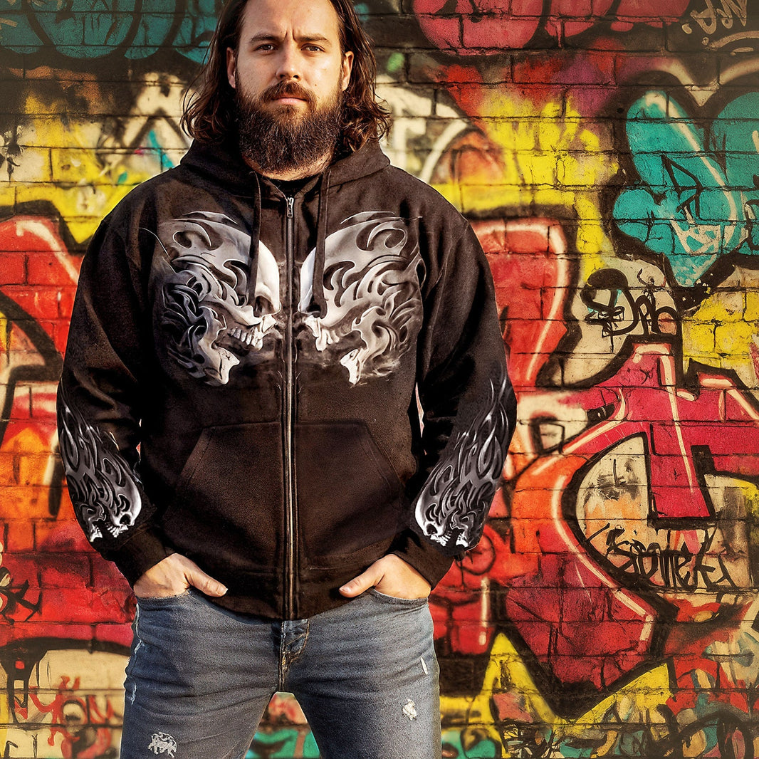 BOL Men's Head Butt Skulls Zipper Hoodie 
