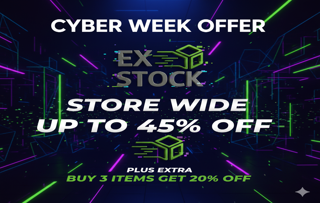 Cyber Week offer with neon lights and text on a dark background
