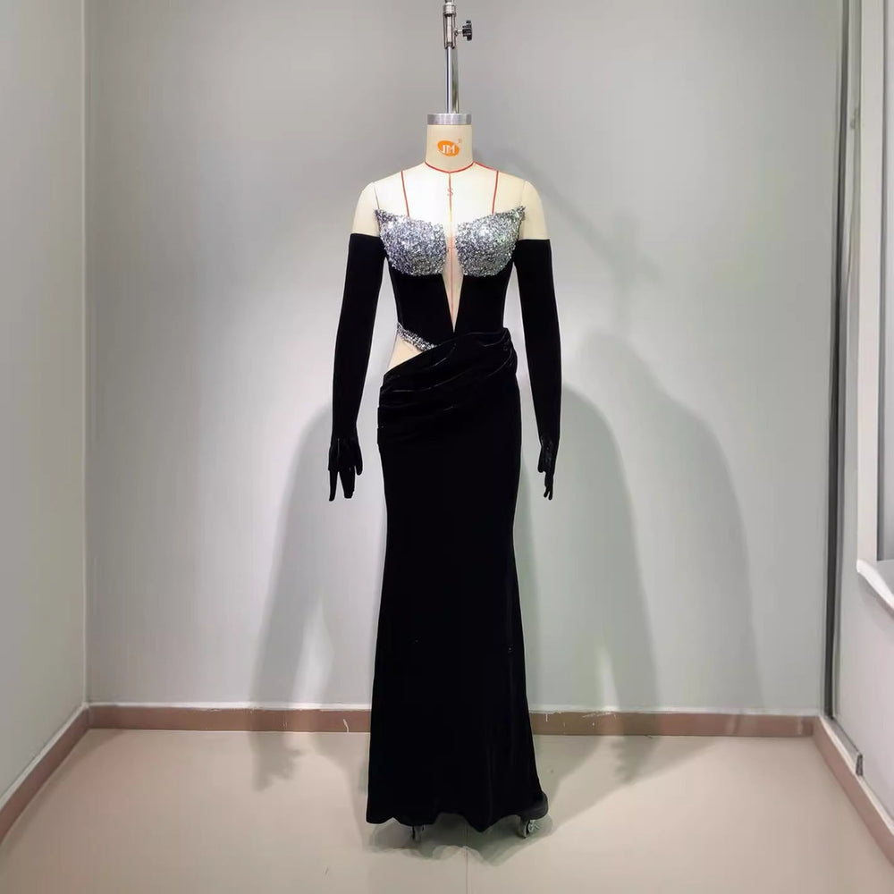 Gloves Hollow-out Low Cut Velvet Tube Top Dress Dinner Party EX-STOCK Canada 