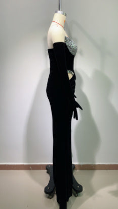 Gloves Hollow-out Low Cut Velvet Tube Top Dress Dinner Party EX-STOCK Canada 