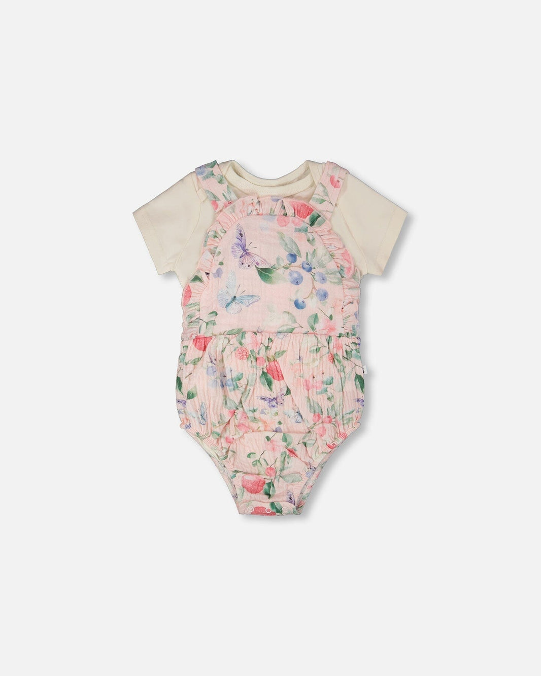 Organic Cotton Jersey Onesie And Muslin Overall Set White And Pink Printed Berries 