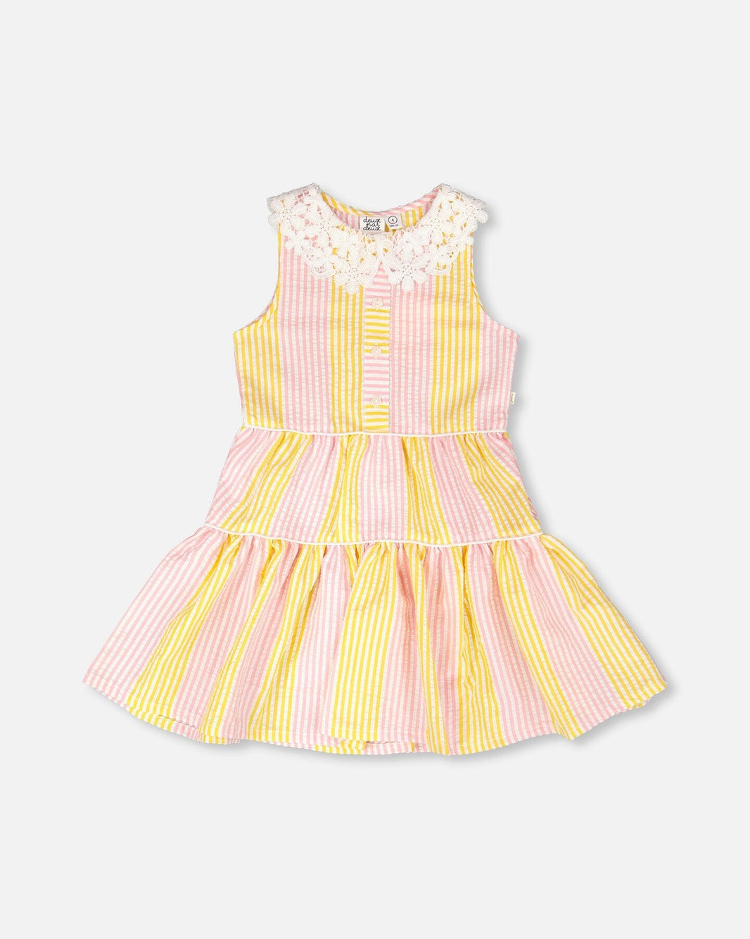 Sleeveless Dress With Crochet Peter Pan Collar Pink And Yellow Stripes 