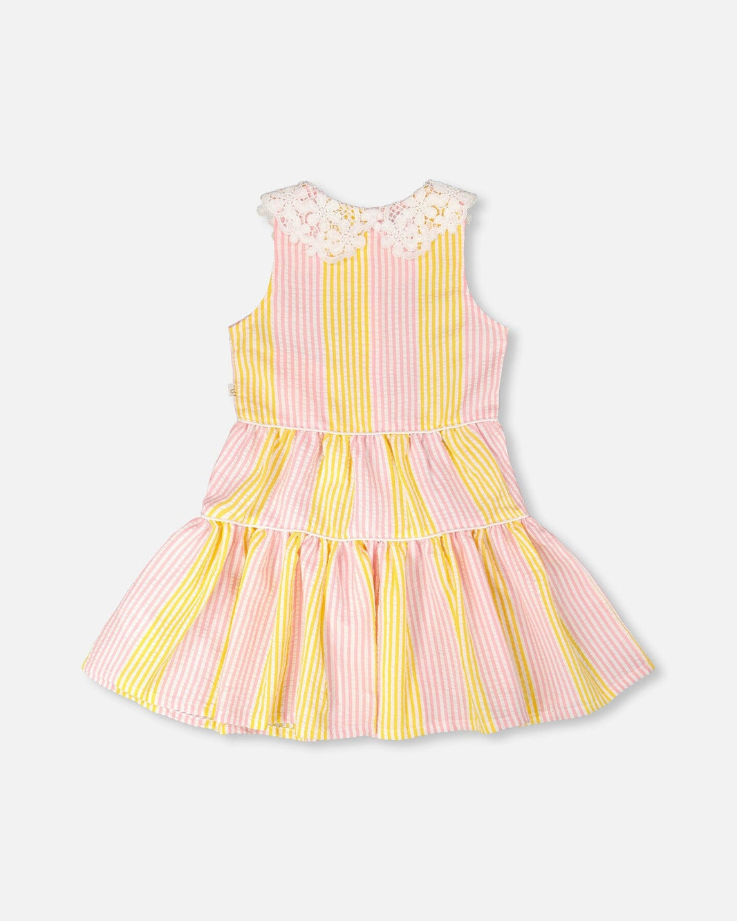 Sleeveless Dress With Crochet Peter Pan Collar Pink And Yellow Stripes 