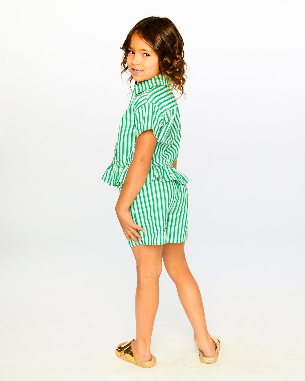 Short Sleeve Striped Button Down Shirt Green 