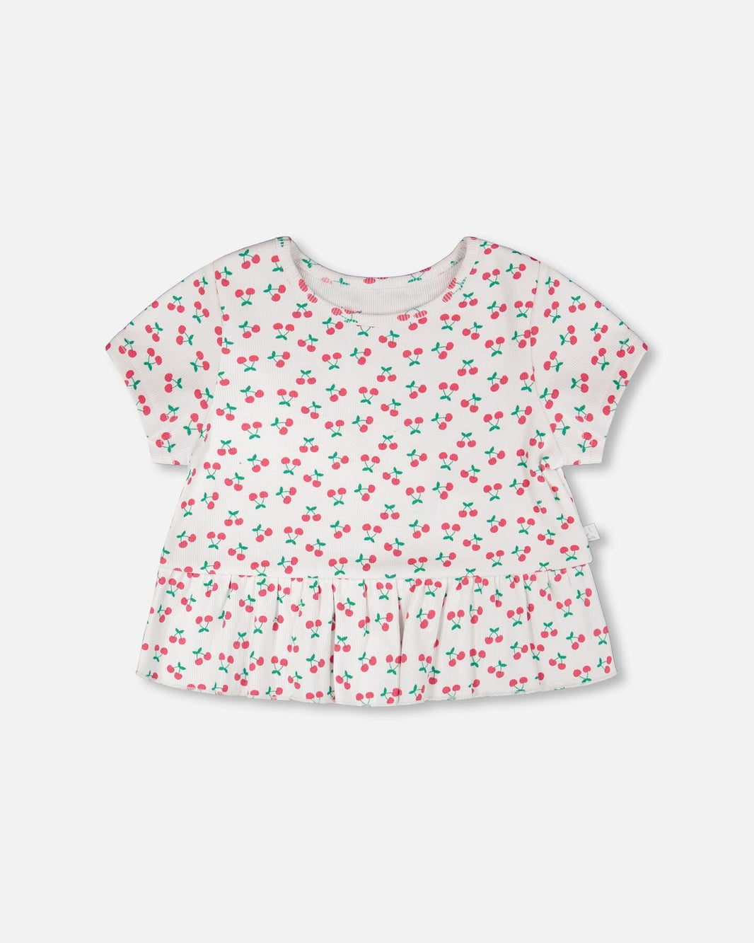 Rib Crop T-Shirt With Frill White Printed Cheeries 