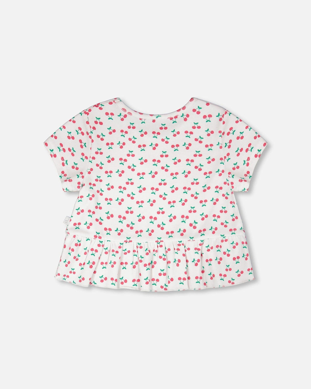 Rib Crop T-Shirt With Frill White Printed Cheeries 