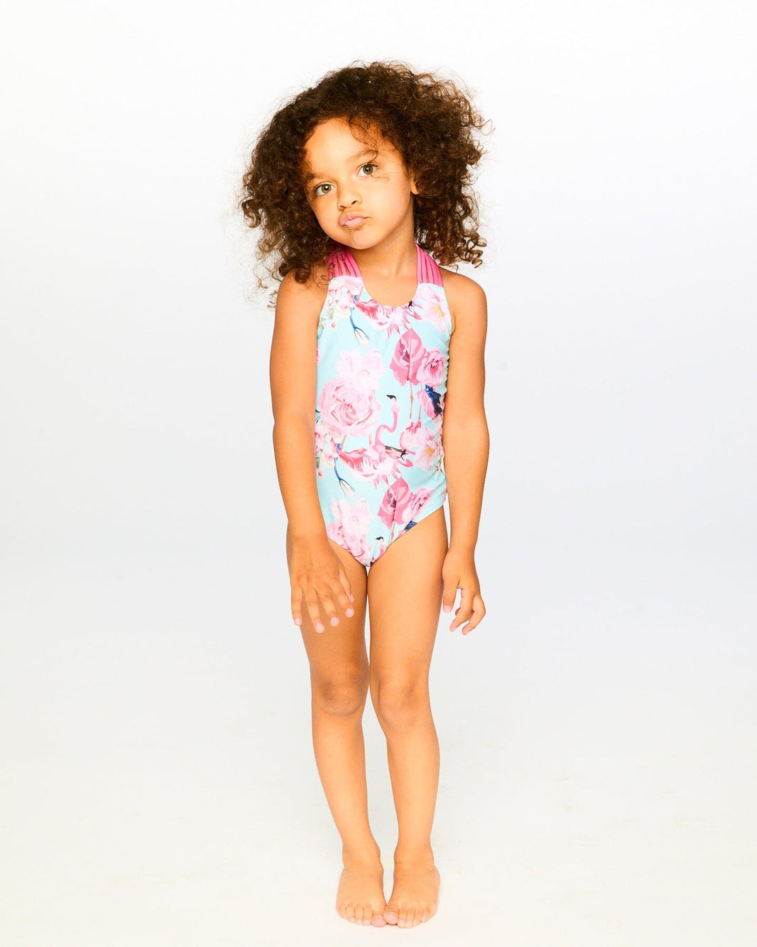 One-Piece Swimsuit Blue Flamingo Print 