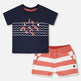 Ensemble T-shirt et short en coton bio à rayures bleues et brique 