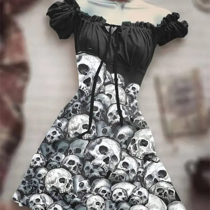 Halloween 3D Skull Print Women's Short Sleeve A- Line Skirt - EX-STOCK Canada