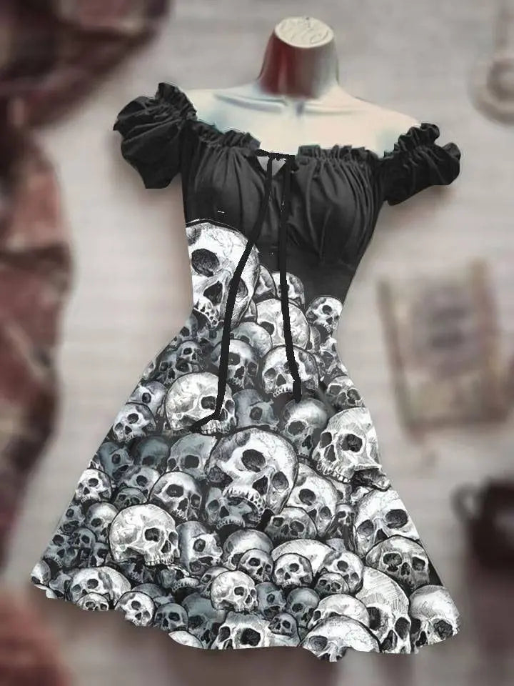 Halloween 3D Skull Print Women's Short Sleeve A- Line Skirt - EX-STOCK Canada