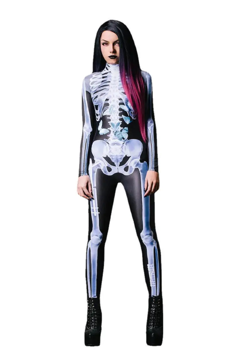 Halloween Long Sleeve Tights See-through Skeleton 3D Printed One-piece - EX-STOCK Canada