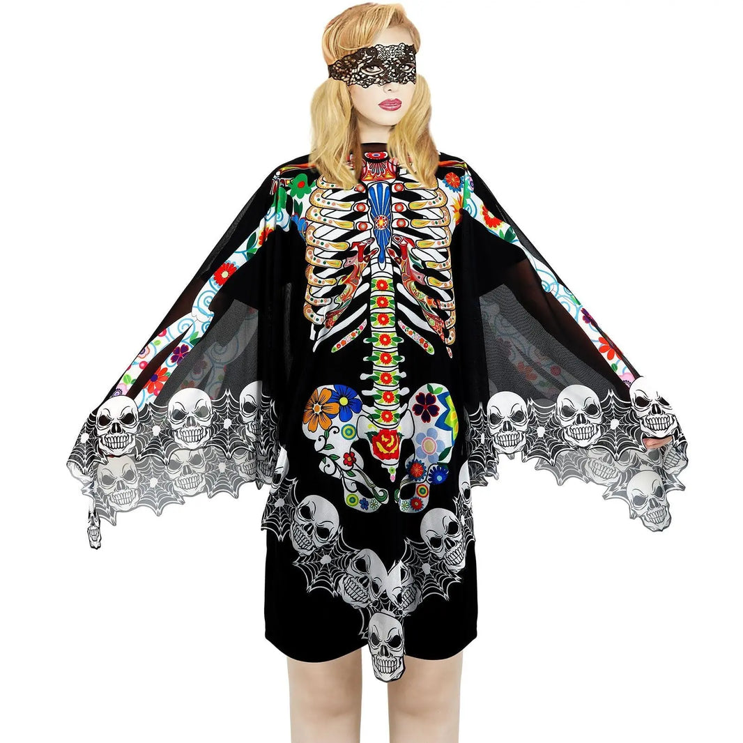 Halloween Skeleton Poncho, Lace Skeleton Halloween Costume Poncho Day Of The Dead Colorful Poncho For Women, 59 Inchx59 Inch-Cannot Be Listed On Amazon Platform - EX-STOCK Canada