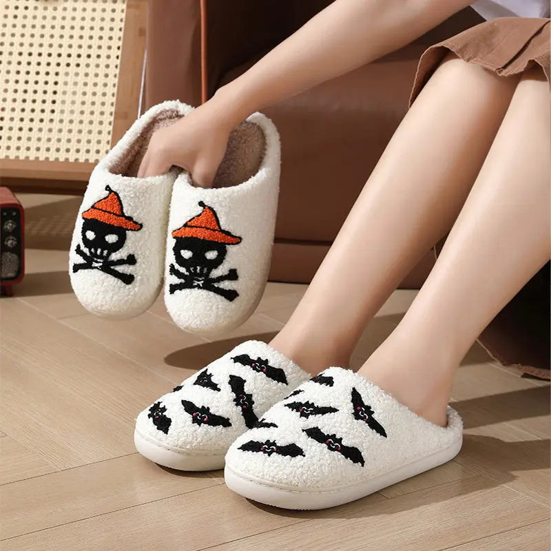 Halloween Skull Rose Slippers Winter Warm Indoor Floor Bedroom Home Slipper For Women - EX-STOCK Canada