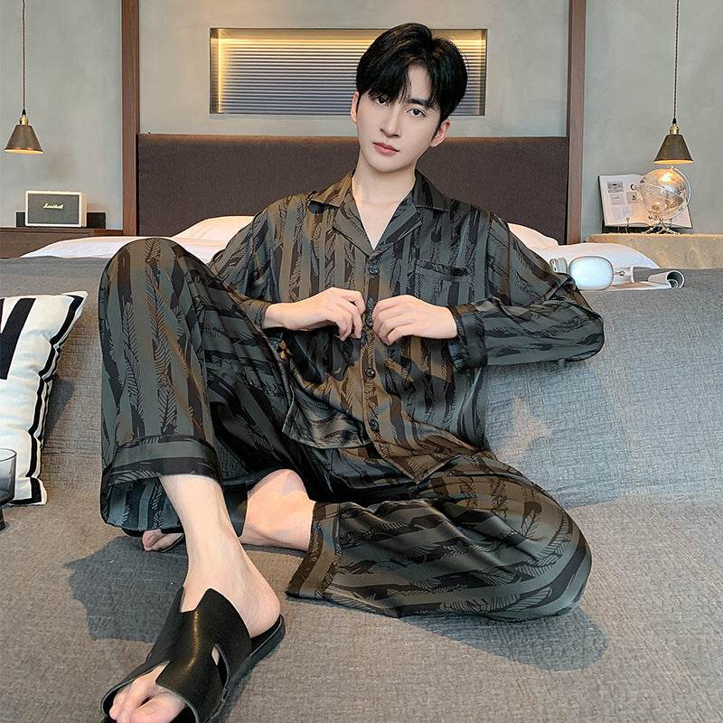 High-grade Ice Silk Men's Pajamas V-neck Thin Trousers Long Sleeve Two-piece Set  EX-STOCK CANADA