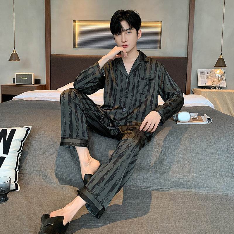 High-grade Ice Silk Men's Pajamas V-neck Thin Trousers Long Sleeve Two-piece Set  EX-STOCK CANADA