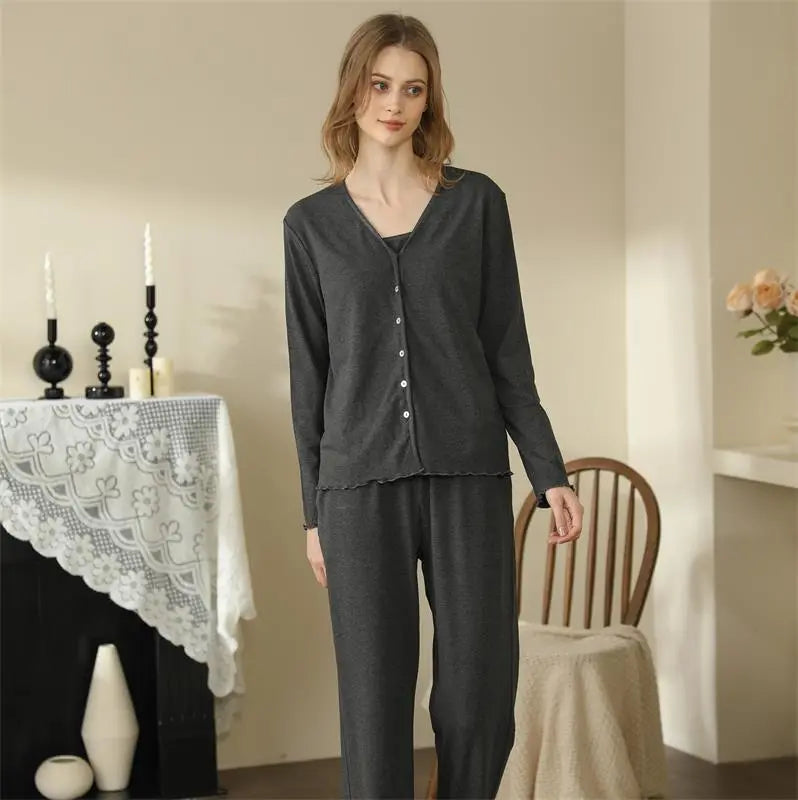 Homewear With Braces Cardigan French Style Three-piece Pajamas For Women - EX-STOCK Canada