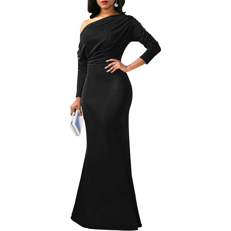 Independent Station Cross Border Elegant Sexy Oblique Shoulder Long Dinner Evening Dress EX-STOCK Canada 