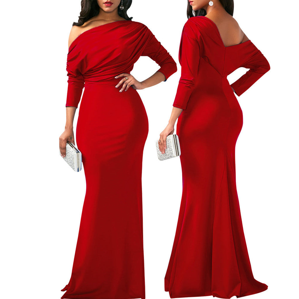 Independent Station Cross Border Elegant Sexy Oblique Shoulder Long Dinner Evening Dress EX-STOCK Canada 