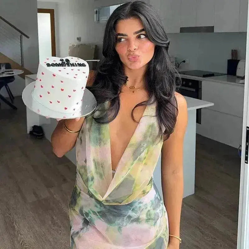 Ink Printed Deep-V Backless Pleated Skirt Suit - EX-STOCK Canada