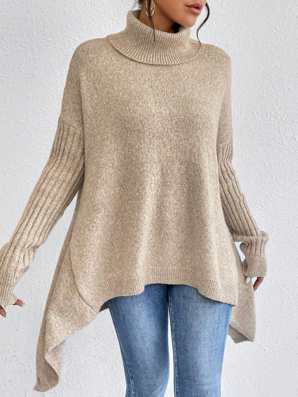 Irregular Turtleneck Sweater Winter Loose Long Sleeve Knitted Tops Leisure Warm Pullover Sweater Women's Clothing EX-STOCK Canada 