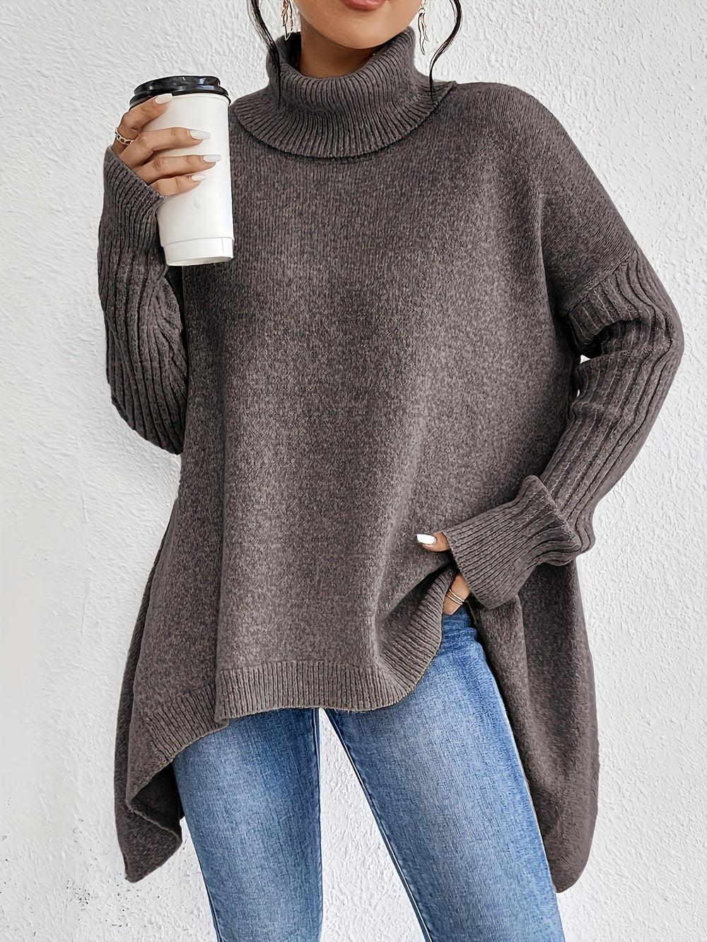 Irregular Turtleneck Sweater Winter Loose Long Sleeve Knitted Tops Leisure Warm Pullover Sweater Women's Clothing EX-STOCK Canada 
