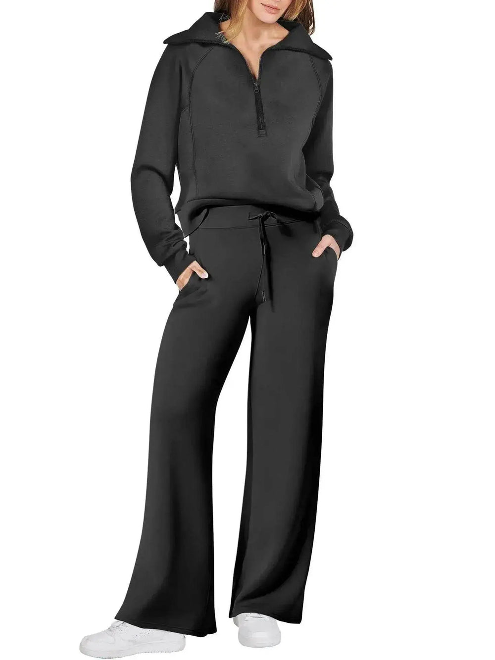 Leisure Sports Suit Long-sleeve Zipper Sweatshirt Wide Leg Pants Two-piece Set - EX-STOCK Canada