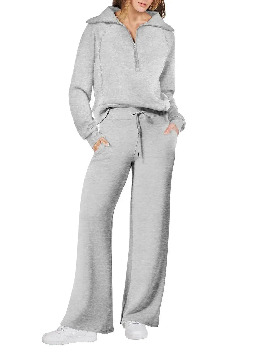 Leisure Sports Suit Long-sleeve Zipper Sweatshirt Wide Leg Pants Two-piece Set - EX-STOCK Canada