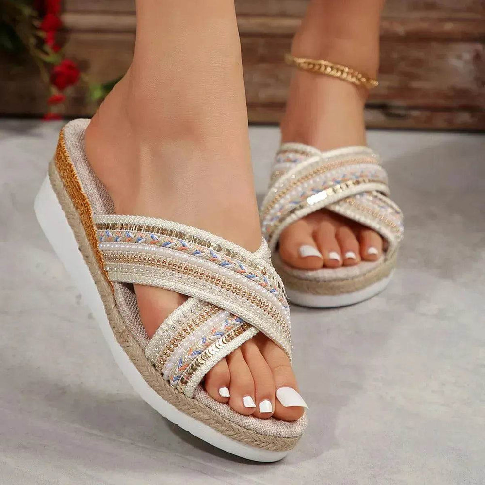 Sandales compensées en lin été style ethnique sandales à brides croisées pour femmes chaussons antidérapants chaussures de plage - EX-STOCK Canada