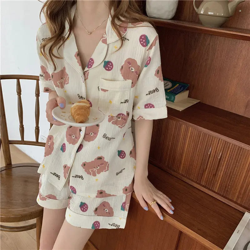 Little Bear Strawberry Print Short Sleeve Shorts Women Pajamas Sleep and Lounge wear - EX-STOCK Canada