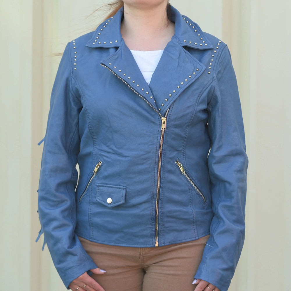 سترة جلد نسائية مزينة بالأزرار مع شرابات قابلة للإزالةEX-STOCK Canada 