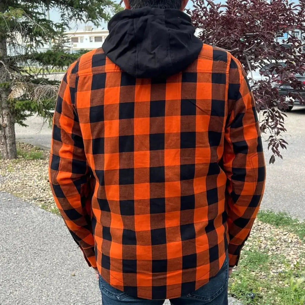 Camisa de Biker para Hombre Milwaukee Leather de Franela Naranja y Negra con Armadura y Fibras ReforzadasEX-STOCK Canada 