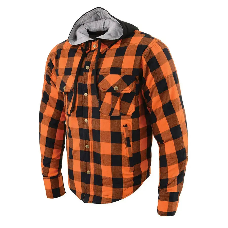 Milwaukee Leather Men's Orange & Black Armored Flannel Biker Shirt w/ Reinforced Fibers EX-STOCK Canada 