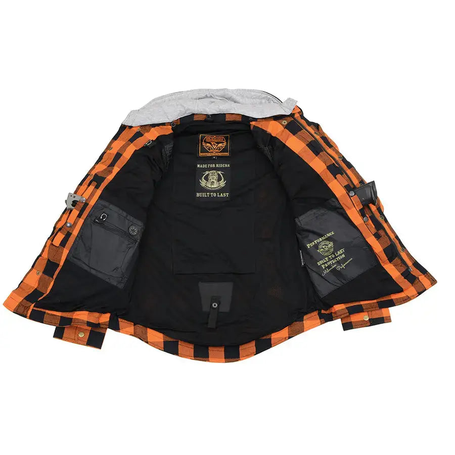 Milwaukee Leather Men's Orange & Black Armored Flannel Biker Shirt w/ Reinforced Fibers EX-STOCK Canada 