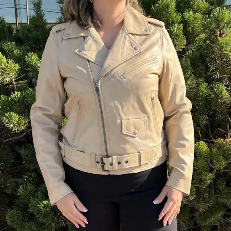 Chaqueta de estilo biker para mujer de cuero de cordero con cinturónEX-STOCK Canada 