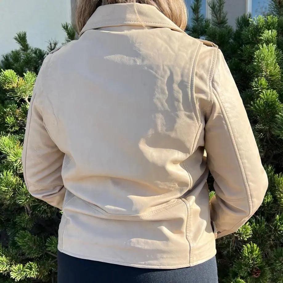 Veste de motard pour femme en cuir d'agneau avec ceinture 