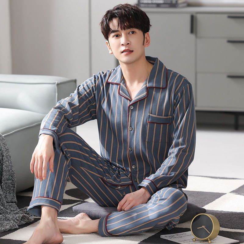 Men's Autumn And Winter Cotton Long-sleeved Trousers Thin Pajamas Loose Home Wear Suit Men  EX-STOCK CANADA