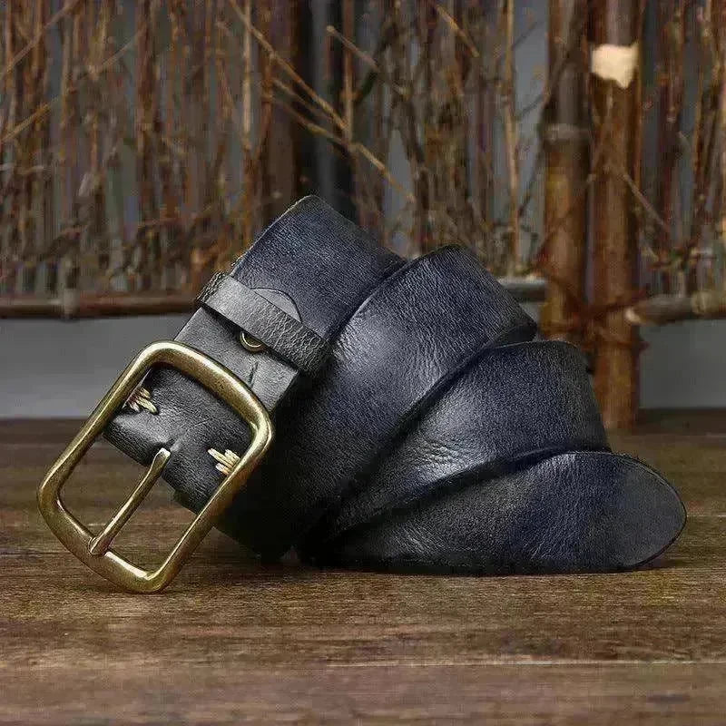 Men's Cowhide Vintage Distressed Pleated Brass Buckle Belt - EX-STOCK CANADA