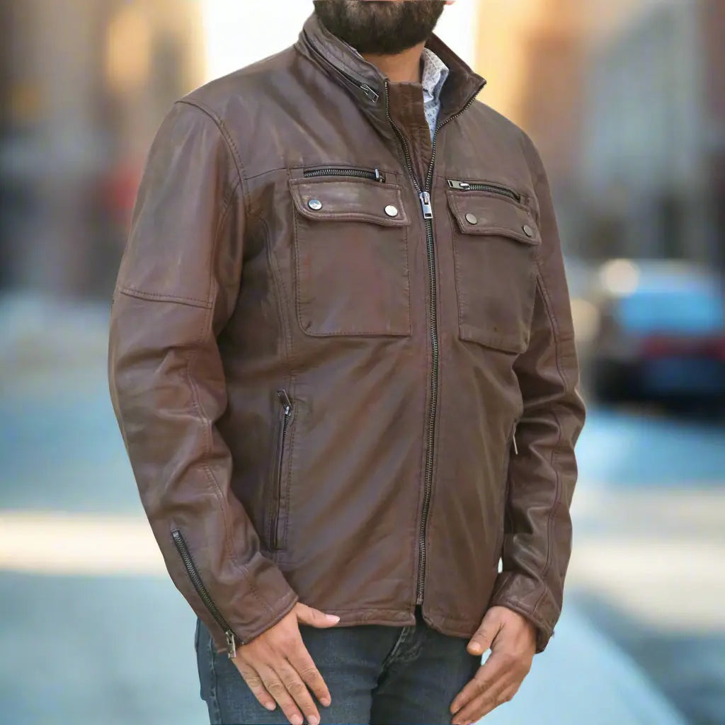 Chaqueta de cuero para hombre con bolsillos dobles con solapaEX-STOCK Canada 