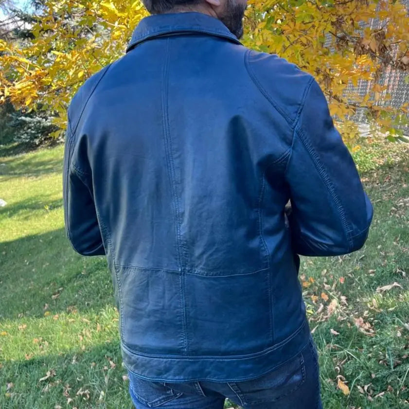 Chaqueta de cuero de cordero para hombre con dos bolsillos en el pecho con cremalleraEX-STOCK Canada 