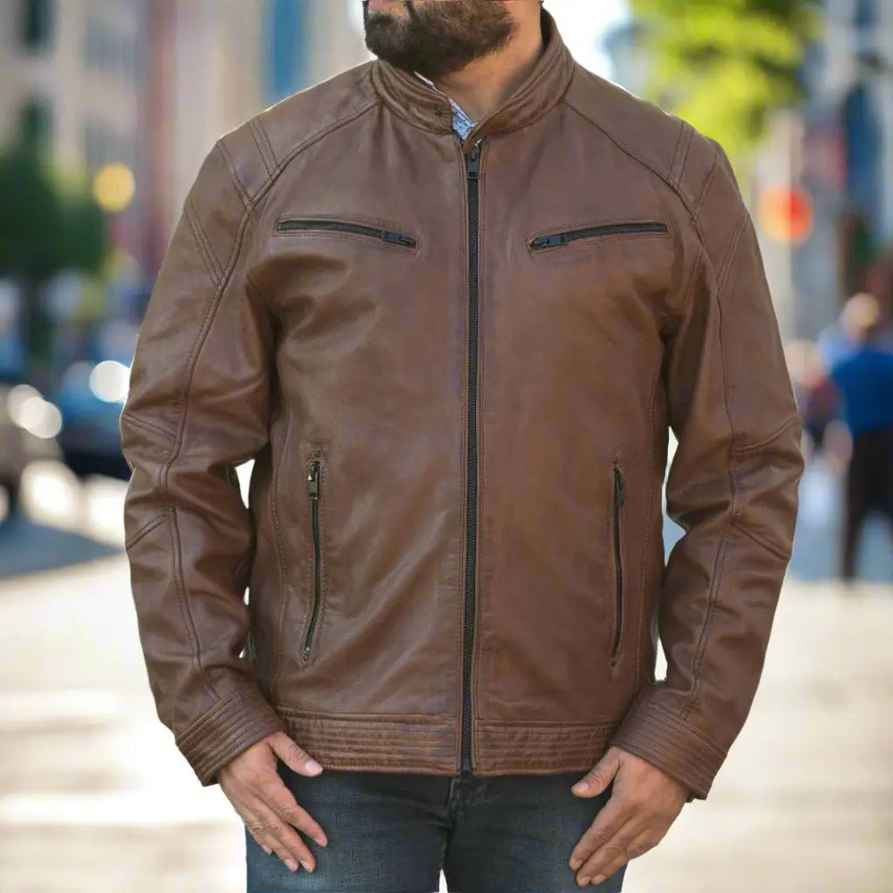 Chaqueta de cuero para hombre con cuello a presiónEX-STOCK Canada 