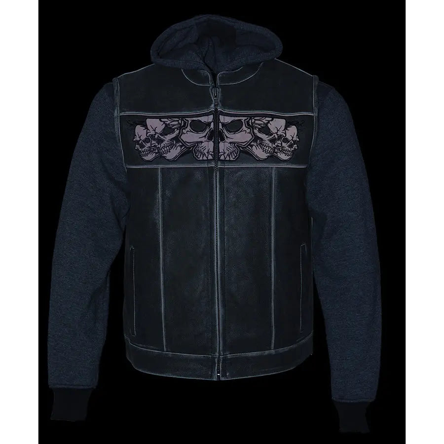 Milwaukee Leather Herren-Lederweste in Schwarz mit reflektierenden Totenköpfen und vollständigem KapuzenfutterEX-STOCK Canada 