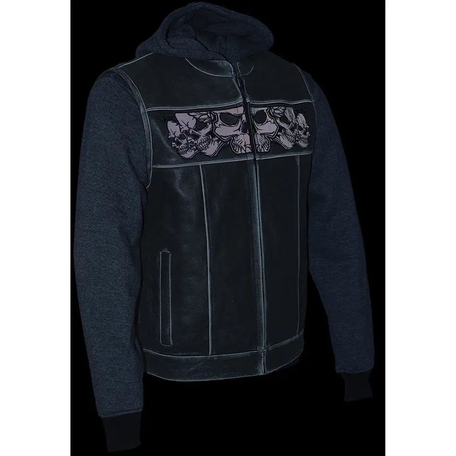 Milwaukee Leather Herren-Lederweste in Schwarz mit reflektierenden Totenköpfen und vollständigem KapuzenfutterEX-STOCK Canada 
