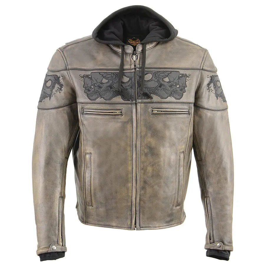 Chaqueta de cuero cruzada para scooter para hombre de Milwaukee Leather en marrón envejecido con calaveras reflectantesEX-STOCK Canada 