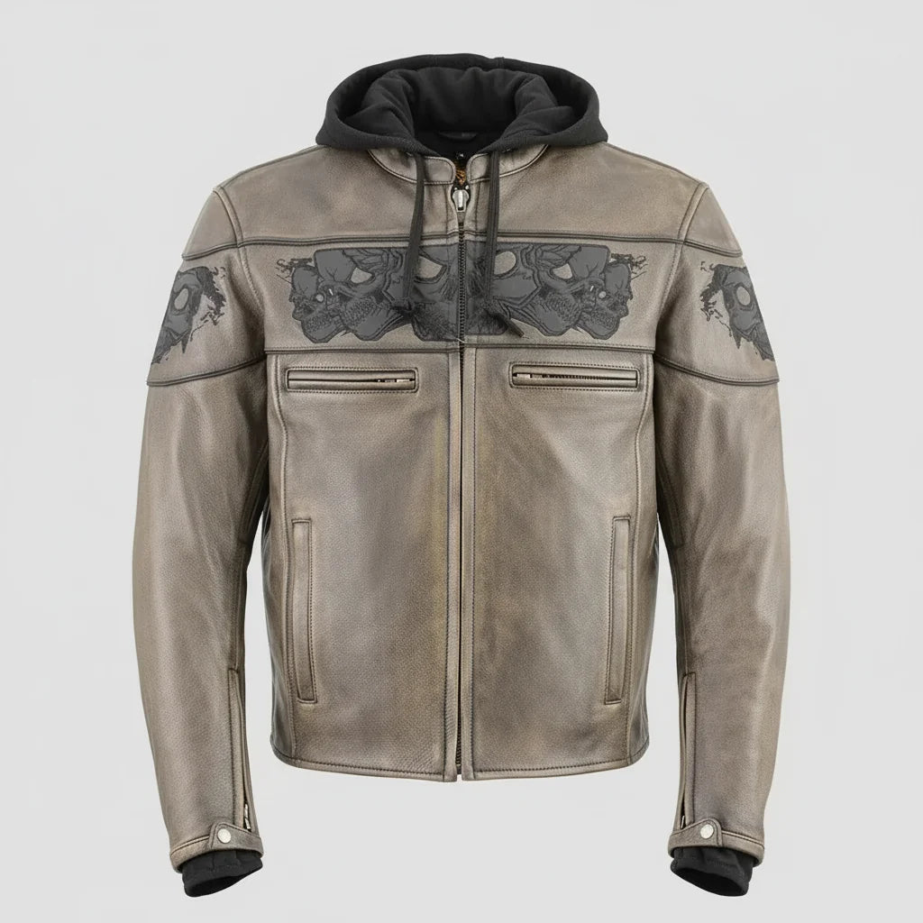 Milwaukee Leather Men's Crossover Scooter Jacket w/ Reflective Skulls & Full Sleeve Removable Hoodie 