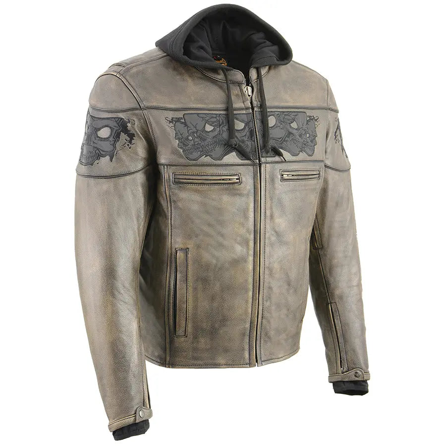 Chaqueta tipo scooter cruzada para hombre de cuero desgastado en marrón de Milwaukee Leather con calaveras reflectantesEX-STOCK Canada 