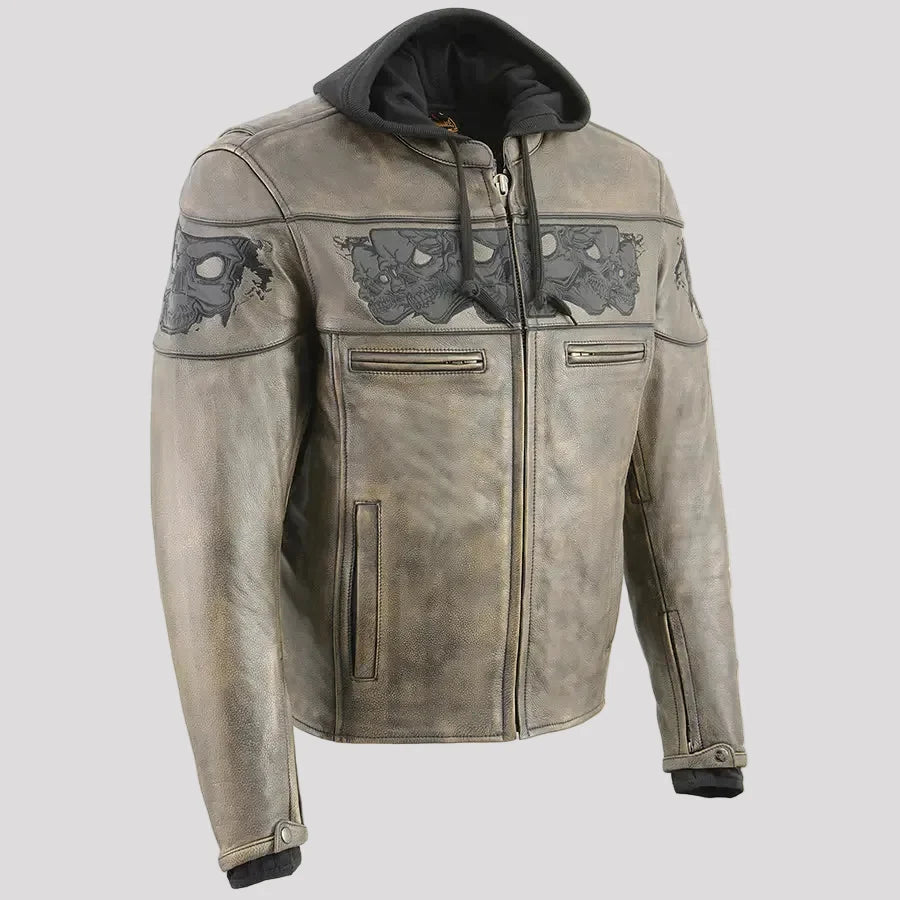 Milwaukee Leather Men's Crossover Scooter Jacket w/ Reflective Skulls & Full Sleeve Removable Hoodie 