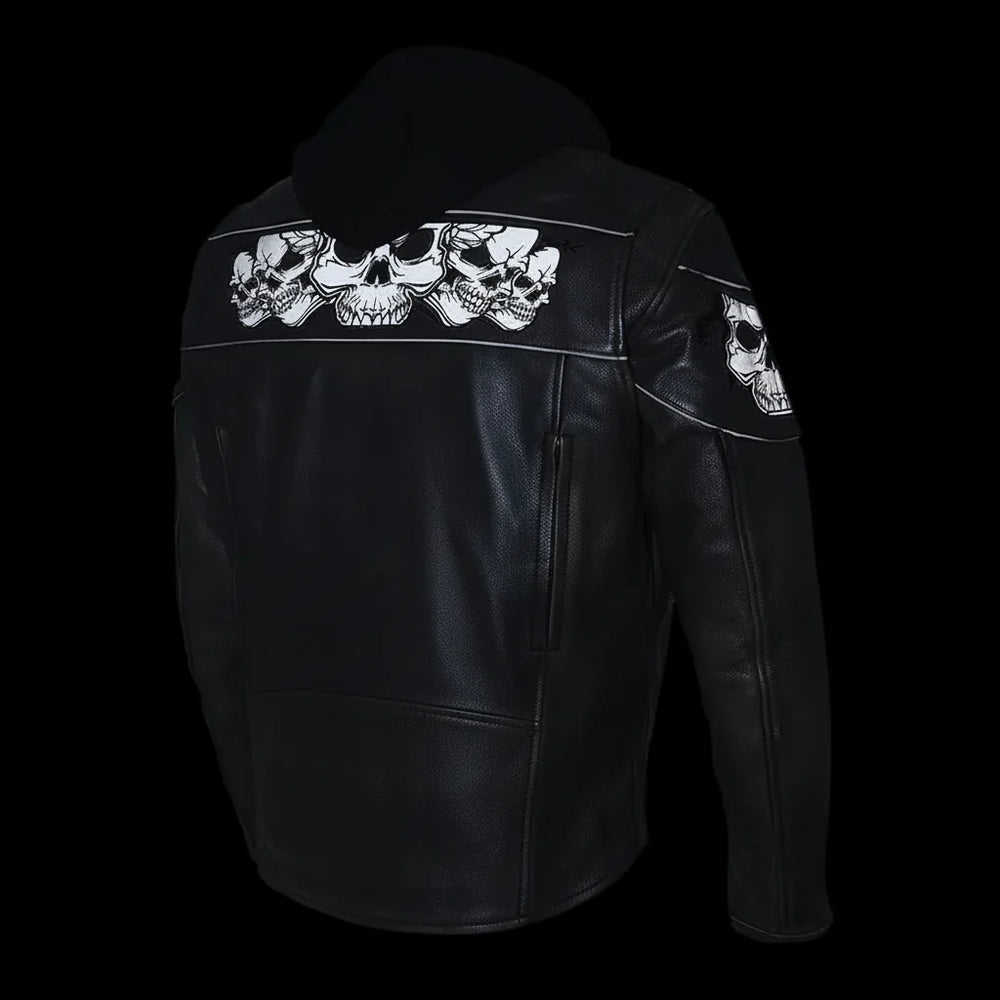 Milwaukee Leather Men's Crossover Scooter Jacket w/ Reflective Skulls & Full Sleeve Removable Hoodie 