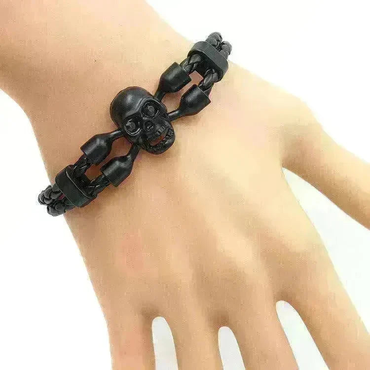 Neutral Stylish Men's Skull Black Buttons & Leather Bracelet - EX-STOCK CANADA